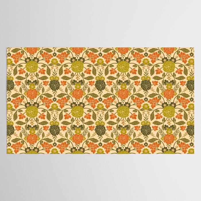 Retro 1970s Floral in Olive Green & Orange Tablecloth Gallery Image 2