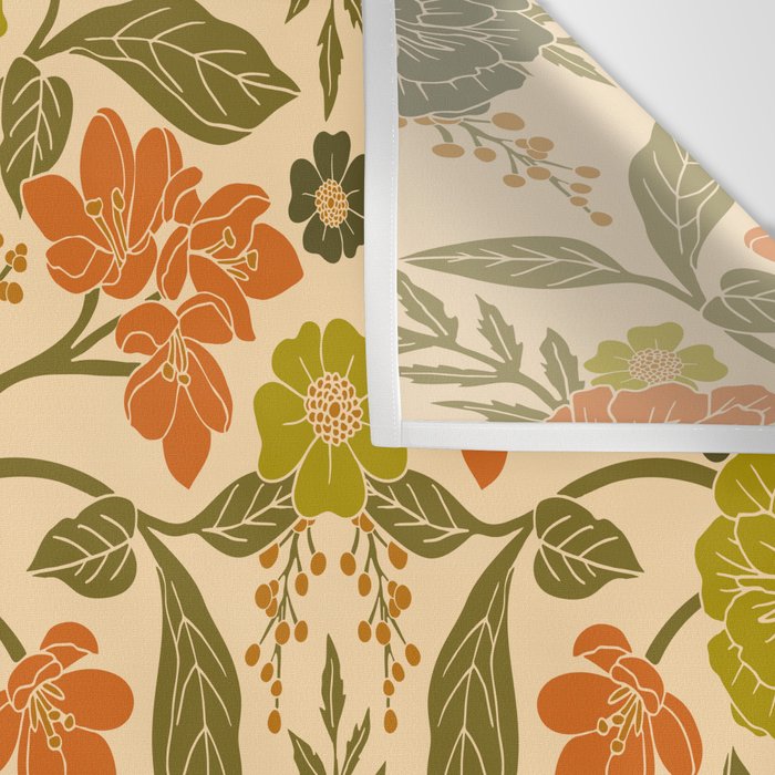 Retro 1970s Floral in Olive Green & Orange Wall Tapestry Gallery Image 3
