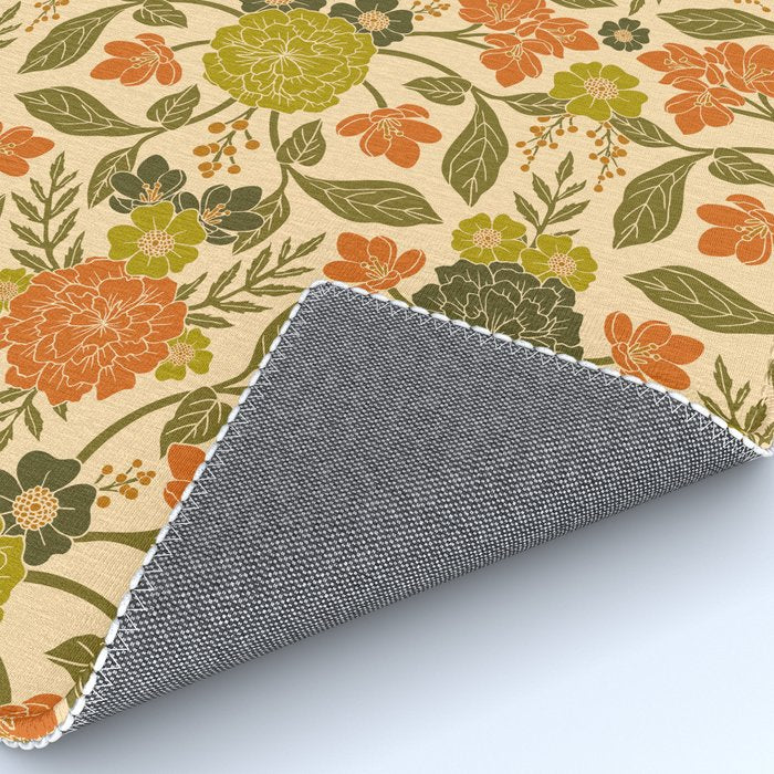 Retro 1970s Floral in Olive Green & Orange Rug Gallery Image 4