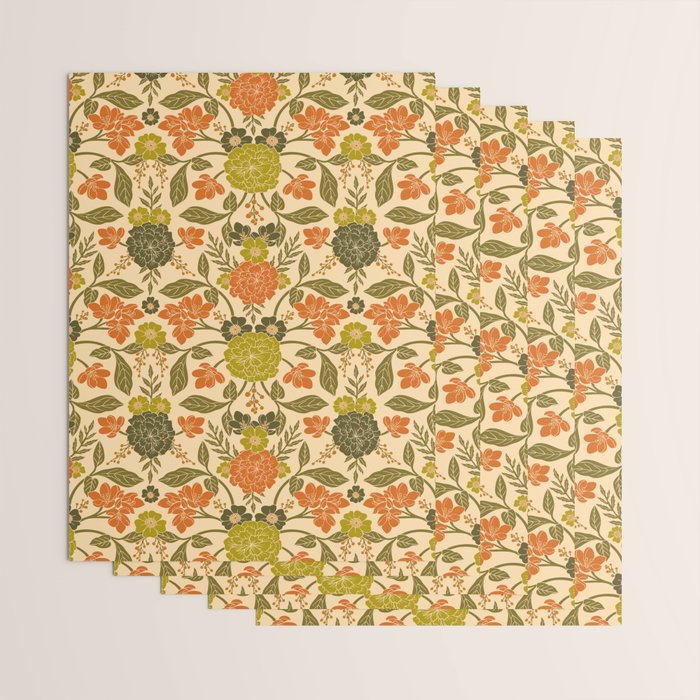 Retro 1970s Floral in Olive Green & Orange Wrapping Paper Gallery Image 3