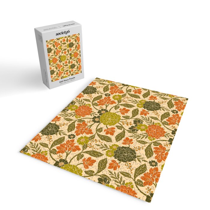 Retro 1970s Floral in Olive Green & Orange Jigsaw Puzzle Gallery Image 2