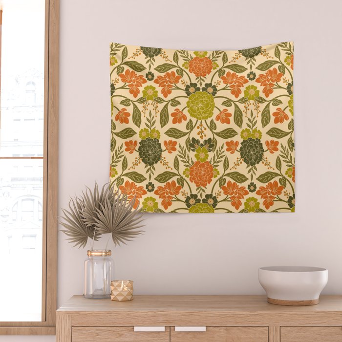 Retro 1970s Floral in Olive Green & Orange Wall Tapestry Gallery Image 2