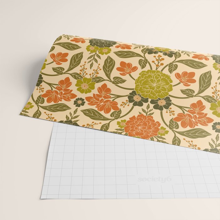 Retro 1970s Floral in Olive Green & Orange Wrapping Paper Gallery Image 2