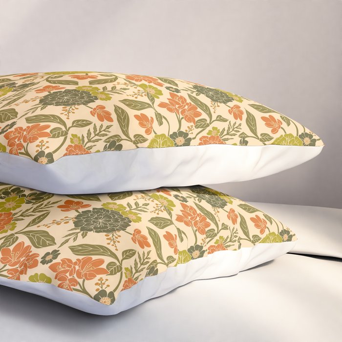 Retro 1970s Floral in Olive Green & Orange Pillow Sham Gallery Image 3