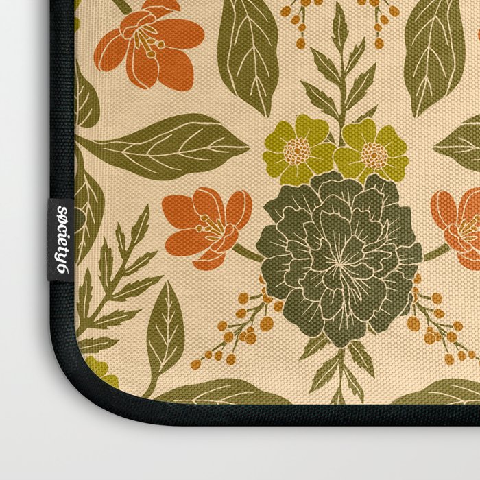 Retro 1970s Floral in Olive Green & Orange Laptop Sleeve Gallery Image 3