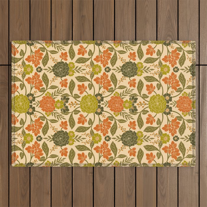 Retro 1970s Floral in Olive Green & Orange Outdoor Rug Gallery Image 1