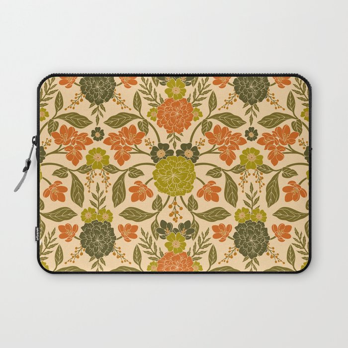 Retro 1970s Floral in Olive Green & Orange Laptop Sleeve Gallery Image 1
