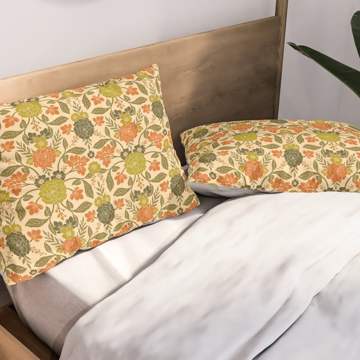 Retro 1970s Floral in Olive Green & Orange Pillow Sham Gallery Image 2