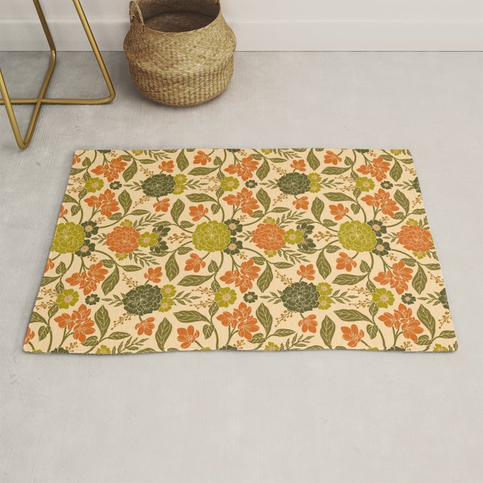 Retro 1970s Floral in Olive Green & Orange Rug Gallery Image 1
