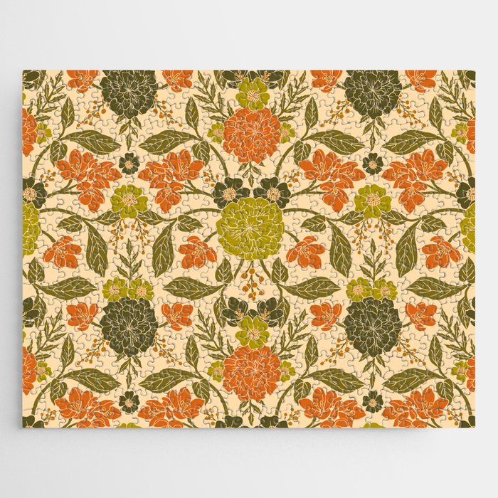 Retro 1970s Floral in Olive Green & Orange Jigsaw Puzzle Gallery Image 1
