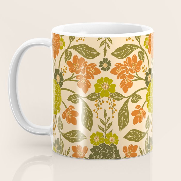 Retro 1970s Floral in Olive Green & Orange Coffee Mug Gallery Image 3