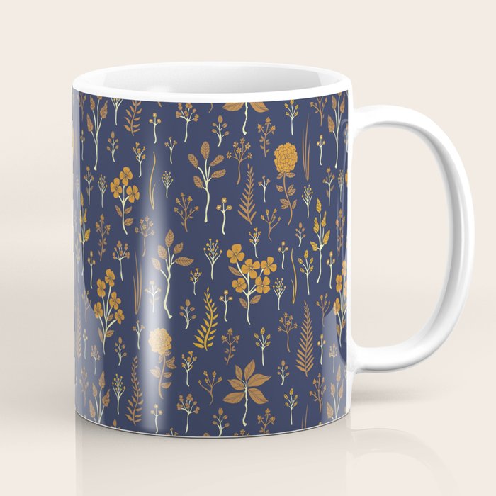 Navy Blue & Mustard Yellow Floral Pattern Coffee Mug Gallery Image 1