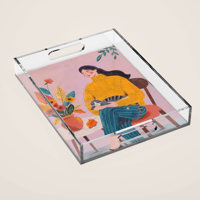 Woman with Cat and Autumn Bouquet Acrylic Tray Gallery Image 1