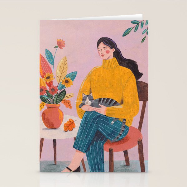 Woman with Cat and Autumn Bouquet Stationery Card Gallery Image 2