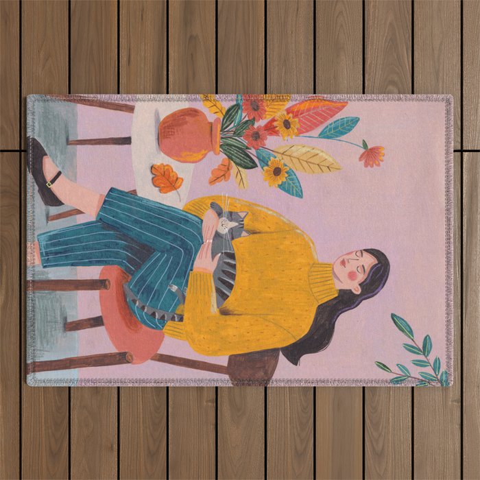 Woman with Cat and Autumn Bouquet Outdoor Rug Gallery Image 1