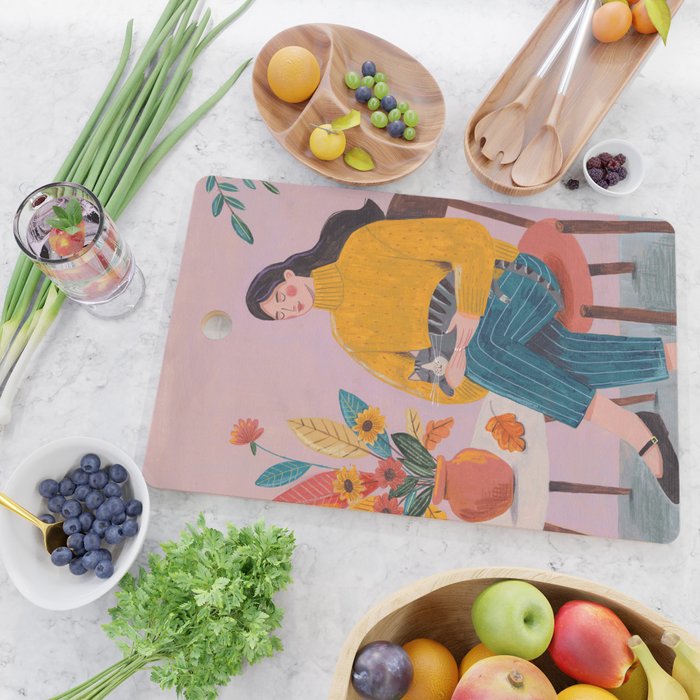 Woman with Cat and Autumn Bouquet Cutting Board Gallery Image 2