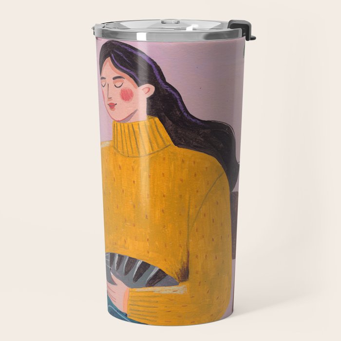 Woman with Cat and Autumn Bouquet Travel Mug Gallery Image 2