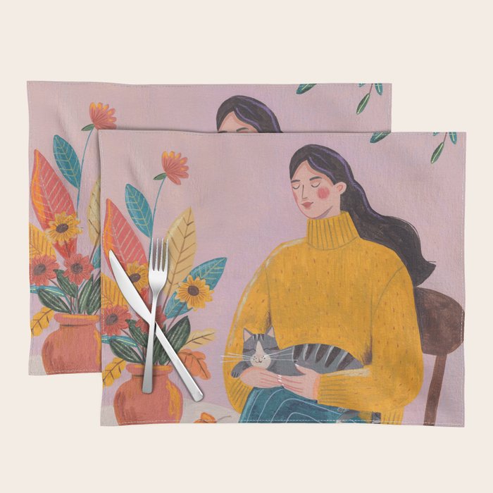 Woman with Cat and Autumn Bouquet Placemat Gallery Image 1