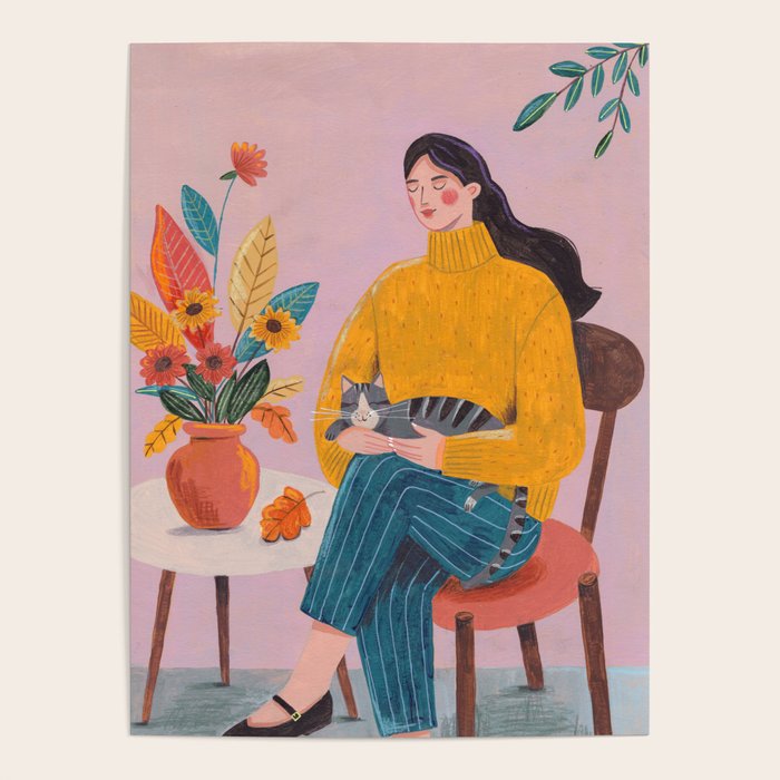 Woman with Cat and Autumn Bouquet Poster Gallery Image 1