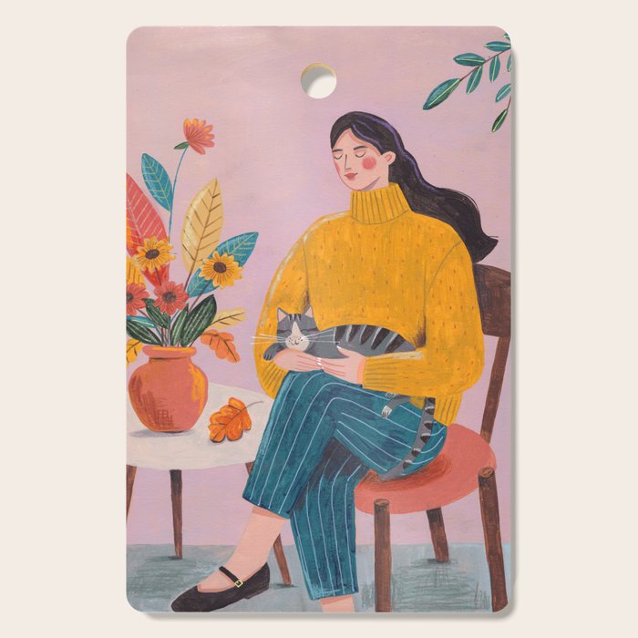 Woman with Cat and Autumn Bouquet Cutting Board Gallery Image 1