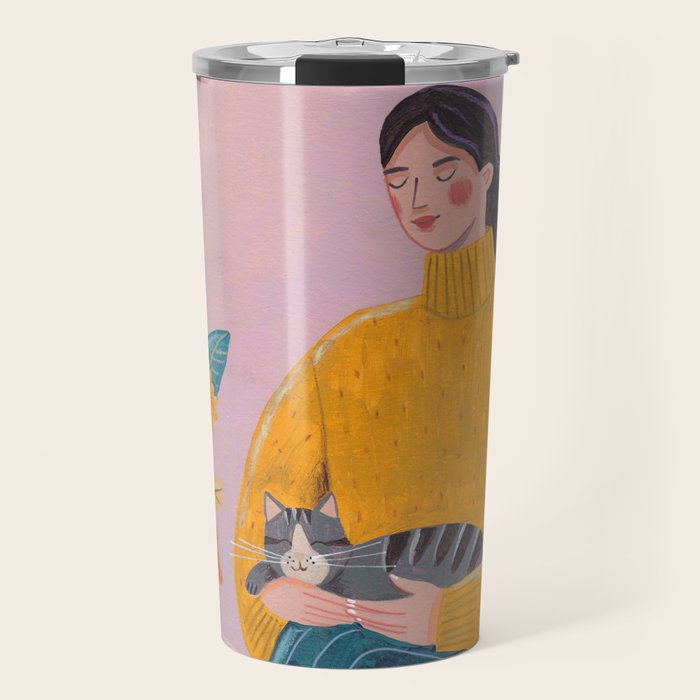 Woman with Cat and Autumn Bouquet Travel Mug Gallery Image 1