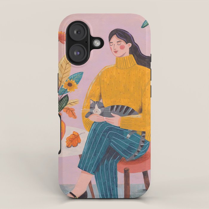 Woman with Cat and Autumn Bouquet iPhone Case Gallery Image 1