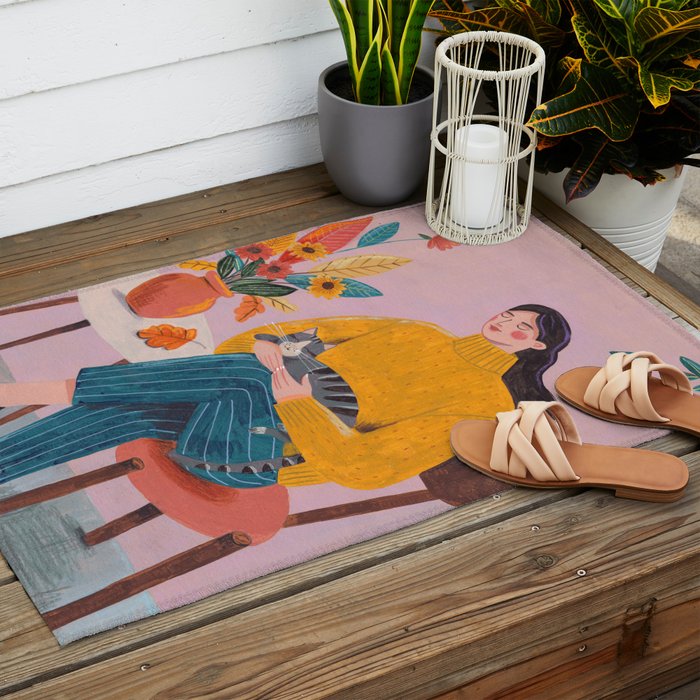 Woman with Cat and Autumn Bouquet Outdoor Rug Gallery Image 2