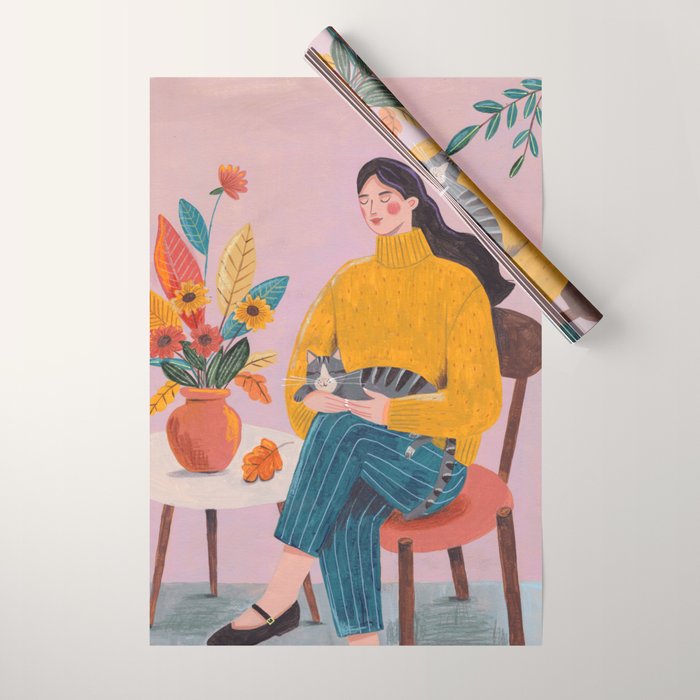 Woman with Cat and Autumn Bouquet Wrapping Paper Gallery Image 1