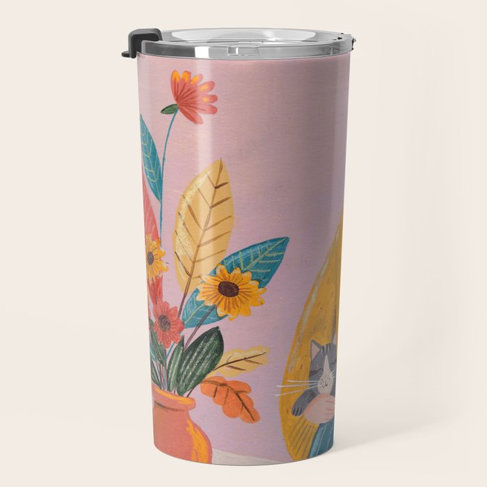 Woman with Cat and Autumn Bouquet Travel Mug Gallery Image 3
