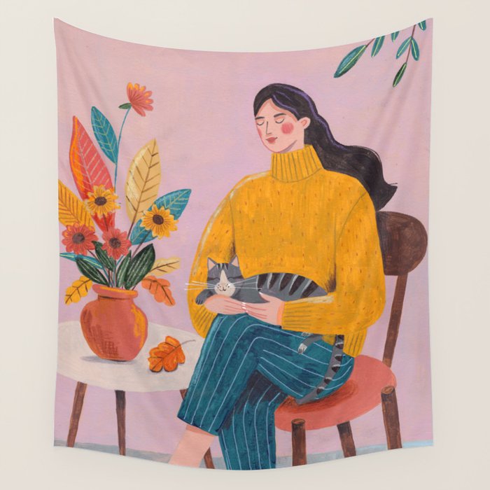 Woman with Cat and Autumn Bouquet Wall Tapestry Gallery Image 1