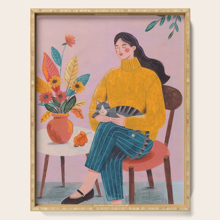 Woman with Cat and Autumn Bouquet Serving Tray Gallery Image 1
