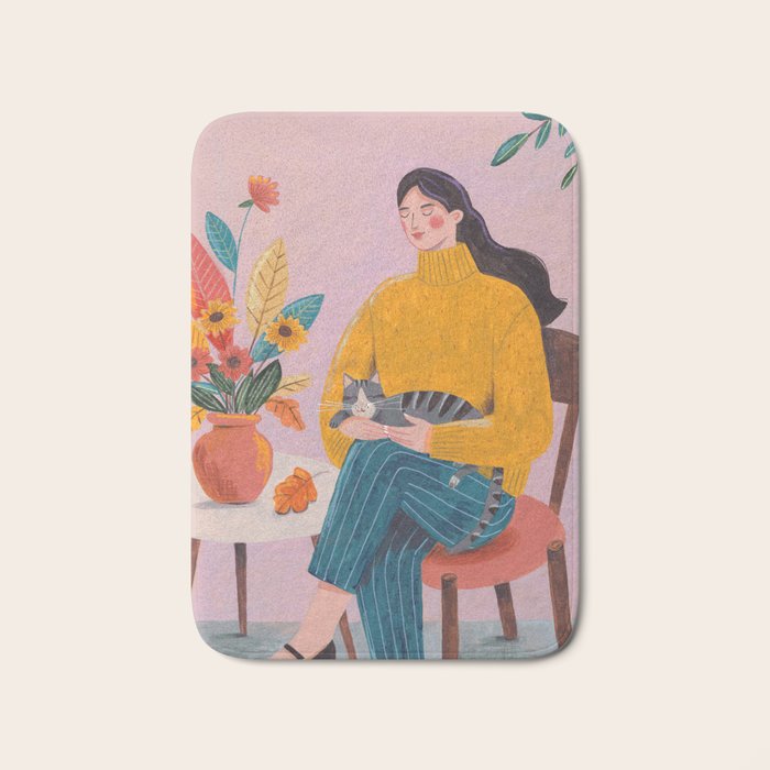 Woman with Cat and Autumn Bouquet Bath Mat Gallery Image 1