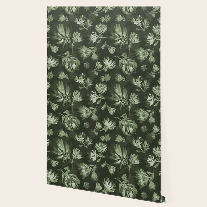 White and dark Sage green flowers watercolor pattern Wallpaper Gallery Image 2