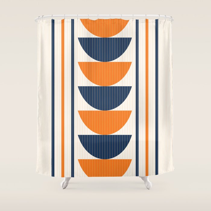 Abstract Shapes 76 in Orange and Navy Blue (Moon Phase Geometric Abstraction) Shower Curtain Gallery Image 1