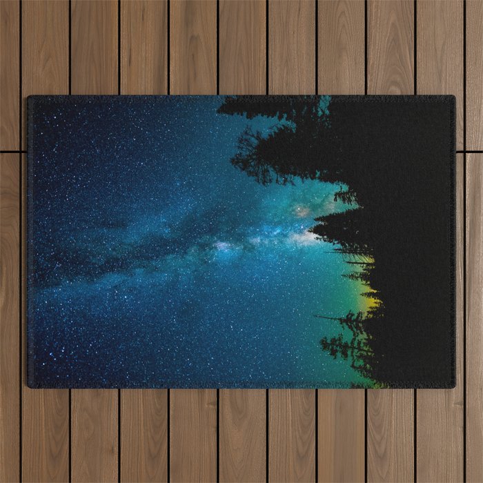 Blue White Milky Way Galaxy At Night Stars At Night Black Trees Silhouette Outdoor Rug Gallery Image 1