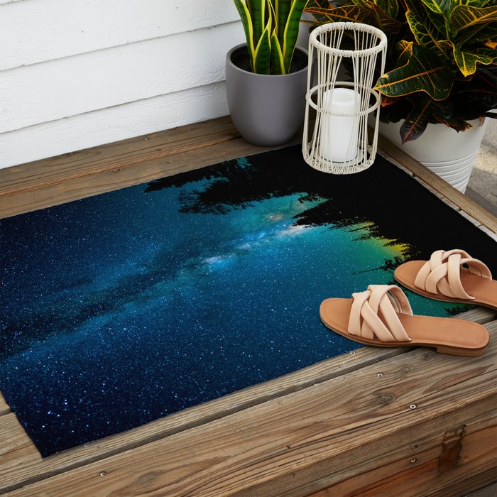 Blue White Milky Way Galaxy At Night Stars At Night Black Trees Silhouette Outdoor Rug Gallery Image 2