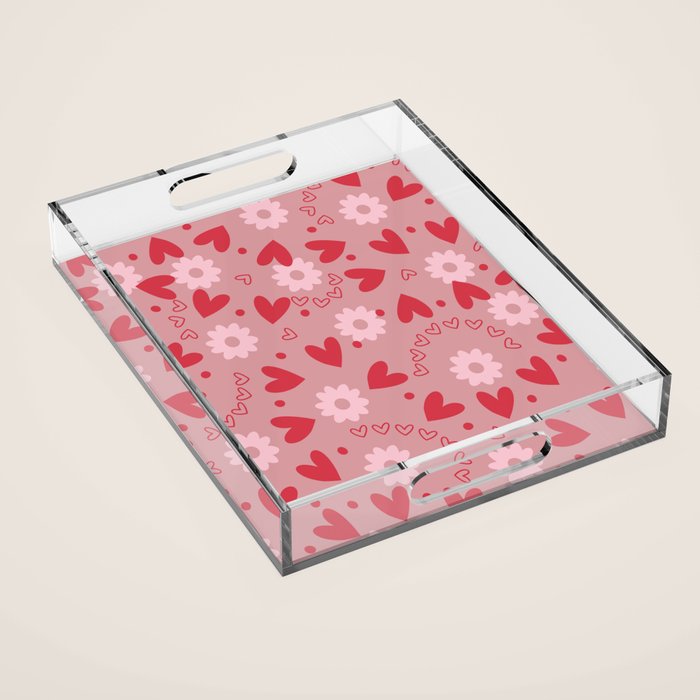 Hearts and Flowers on Tea Rose Pink Acrylic Tray Gallery Image 1