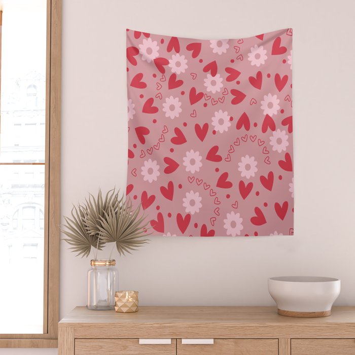 Hearts and Flowers on Tea Rose Pink Wall Tapestry Gallery Image 2