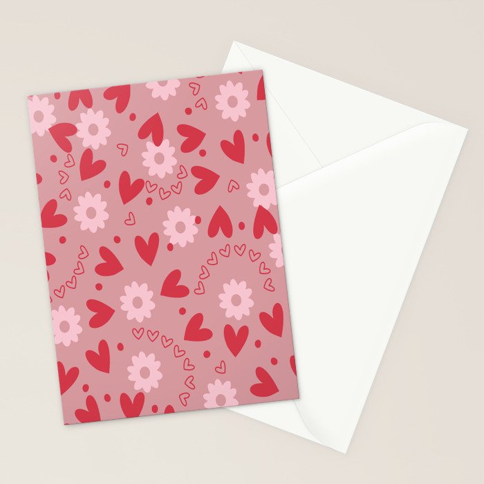 Hearts and Flowers on Tea Rose Pink Stationery Card Gallery Image 2