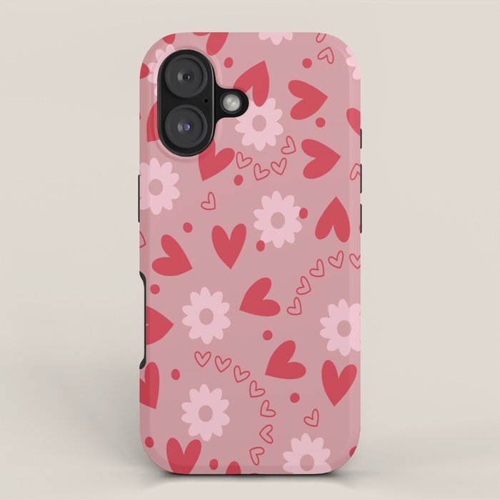 Hearts and Flowers on Tea Rose Pink iPhone Case Gallery Image 1