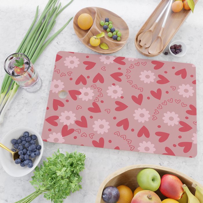 Hearts and Flowers on Tea Rose Pink Cutting Board Gallery Image 2