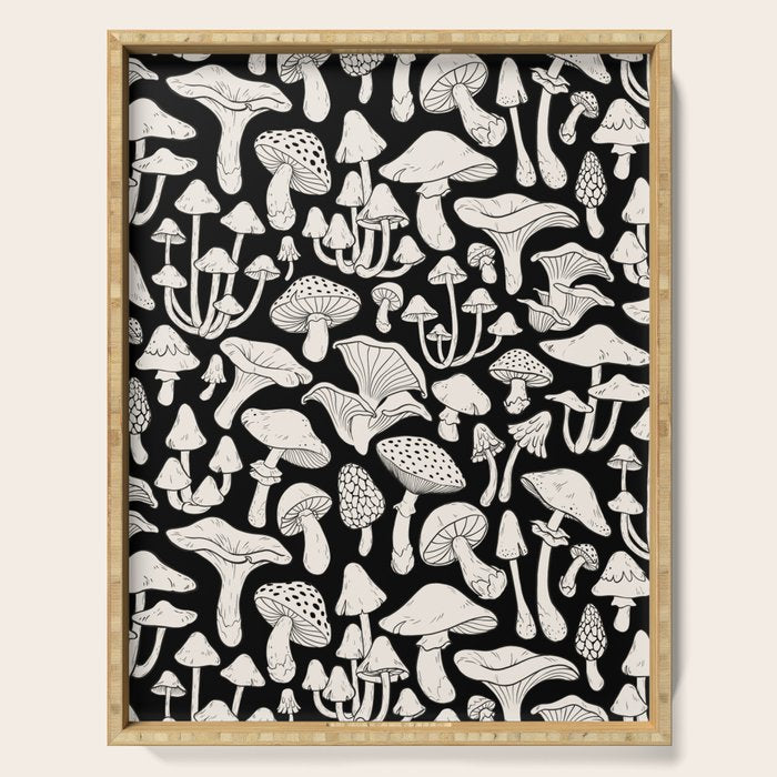 Mushrooms in Black And White Serving Tray Gallery Image 1
