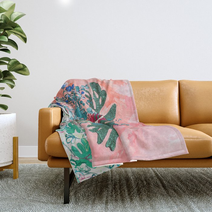 Cockatoo Vase - Bouquet of Flowers on Coral and Jungle Throw Blanket Gallery Image 1