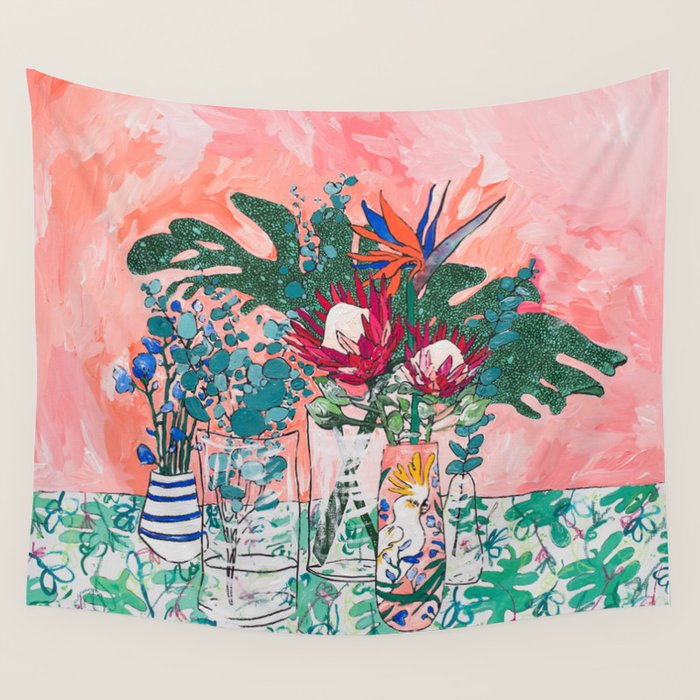 Cockatoo Vase - Bouquet of Flowers on Coral and Jungle Wall Tapestry Gallery Image 4
