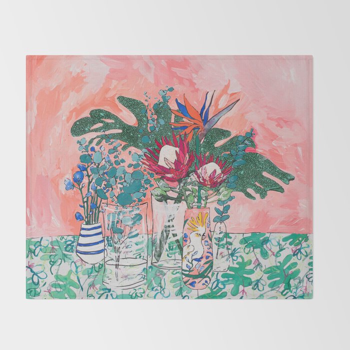Cockatoo Vase - Bouquet of Flowers on Coral and Jungle Throw Blanket Gallery Image 2