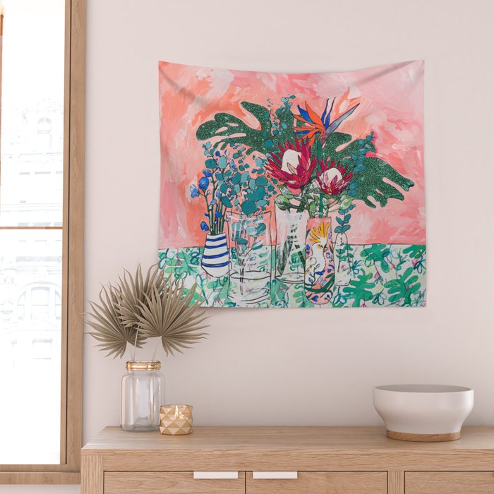Cockatoo Vase - Bouquet of Flowers on Coral and Jungle Wall Tapestry Gallery Image 2