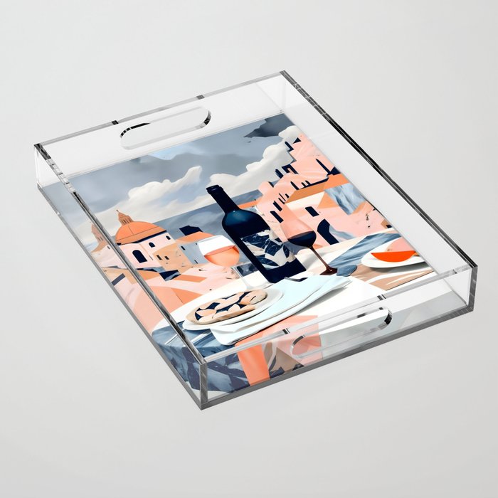 Lunch in Italy, Travel Italian Marble Abstract, Landscape Blush Indigo Texture, Wine Cheese Boho Food Table, Architecture Buildings Graphic Eclectic Painting Acrylic Tray Gallery Image 1