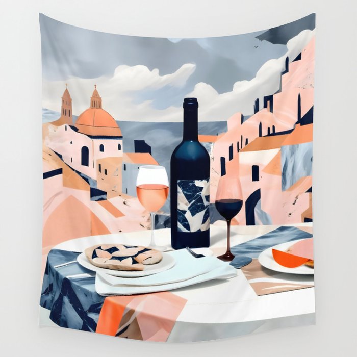 Lunch in Italy, Travel Italian Marble Abstract, Landscape Blush Indigo Texture, Wine Cheese Boho Food Table, Architecture Buildings Graphic Eclectic Painting Wall Tapestry Gallery Image 1