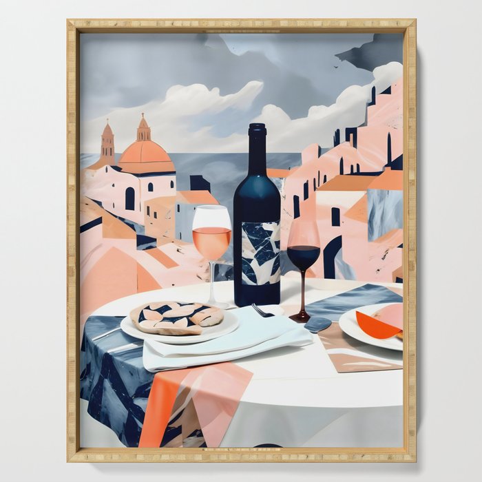 Lunch in Italy, Travel Italian Marble Abstract, Landscape Blush Indigo Texture, Wine Cheese Boho Food Table, Architecture Buildings Graphic Eclectic Painting Serving Tray Gallery Image 1