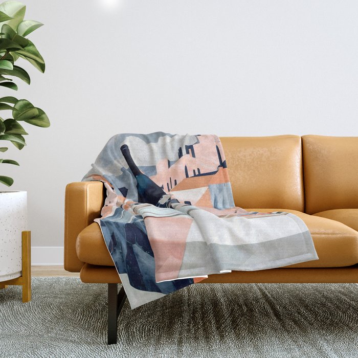 Lunch in Italy, Travel Italian Marble Abstract, Landscape Blush Indigo Texture, Wine Cheese Boho Food Table, Architecture Buildings Graphic Eclectic Painting Throw Blanket Gallery Image 1